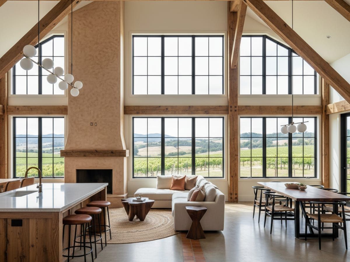 Barndominium interior with exposed timber framing
