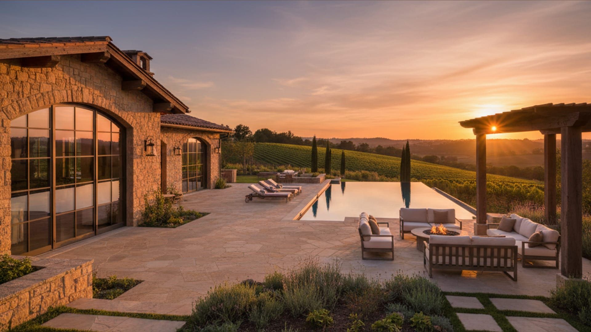 Wine country estate pool house at sunset